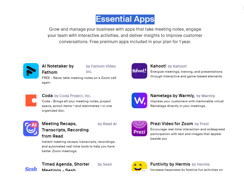 Zoom Essential Apps Dashboard