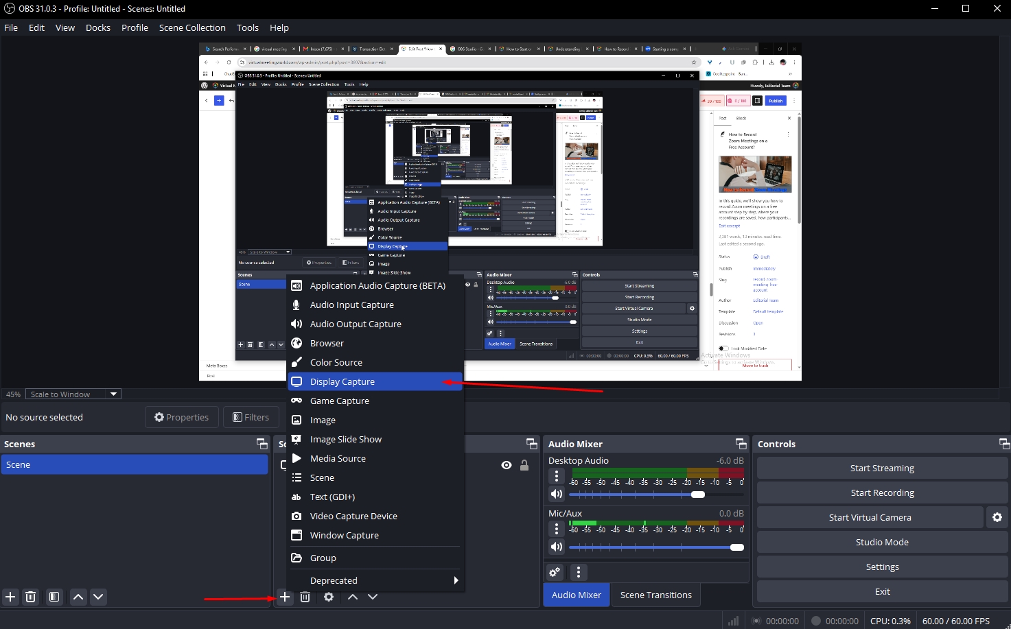 OBS Studio interface and Display capture to record screen.