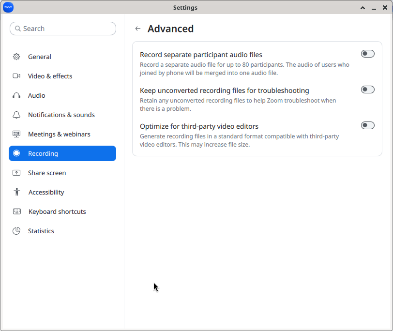 Zoom advanced recording settings with separate participant audio files option