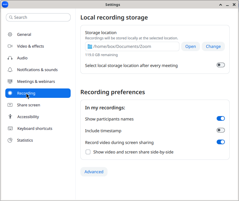 Zoom local recording storage location and recording preferences settings