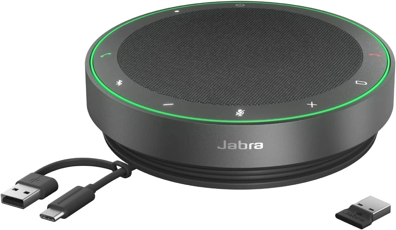 Jabra Speak2 75 speakerphone with its USB cable and Bluetooth dongle
