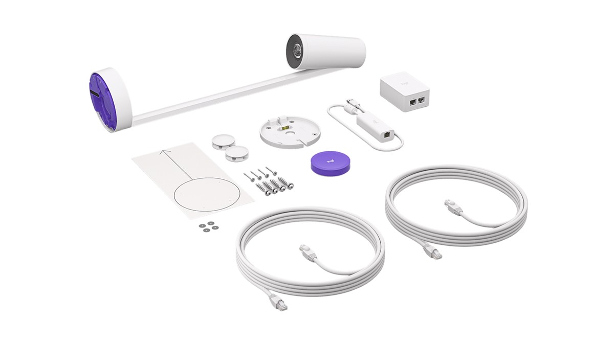 Logitech Scribe whiteboard camera with share button and cables